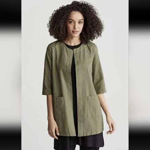 Eileen Fisher Organic Cotton Open Front Cardigan Jacket size XL Olive Green - Picture 2 of 11